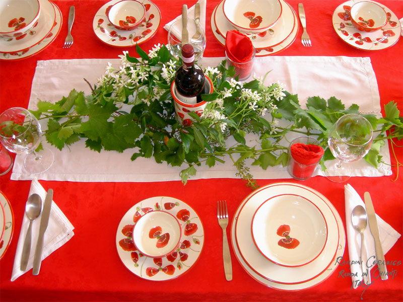 Tables set with Rampini Ceramics hand made Italian pottery for dinner, lunch, coffe or a barbecue